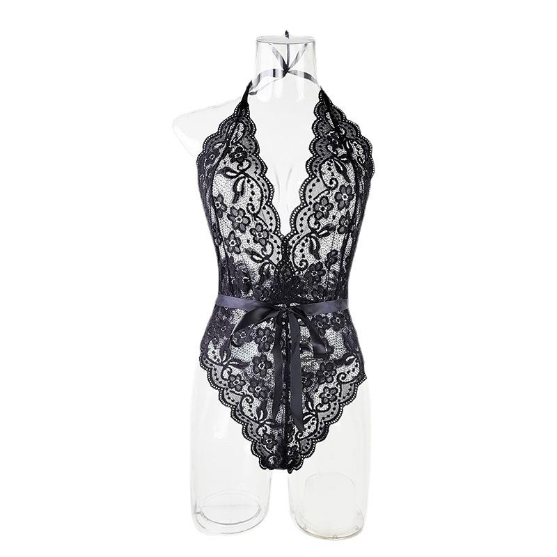 بدلة نوم مثيرة بتصميم V العميق - لانجري اسود شفاف مع ربطات عنق وظهر مفتوح